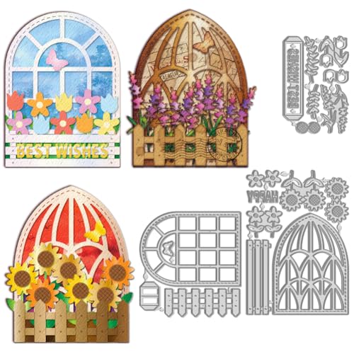 WADORN 3 x Sonnenblumen-Fenster-Stanzschablonen, Pop-Up-Fensterrahmen, Prägeschablone für Scrapbooking, Gitterfenster, Tulpen, Metall-Stanzformen für Karten, Foto-Bastelalbum, Dekoration von WADORN