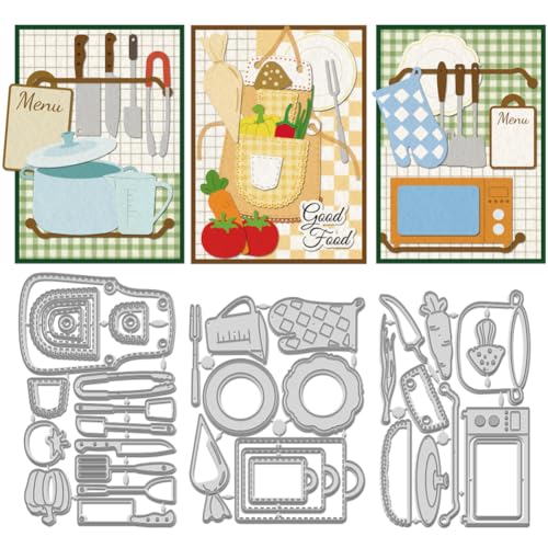 WADORN 3 x Stanzschablone Zum Kochen Und Kochen. Präge Stanzset Mit Küchenschürzen Vorlagen Küchenwerkzeug Metall Stanzungen Stanzformen Für Die Herstellung von Scrapbooking von WADORN