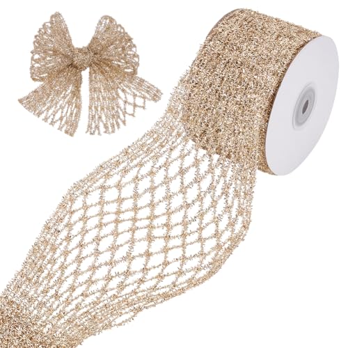 WADORN 4,5 m goldenes Glitzerband mit Draht, 6,9 cm Glitzer-Metallic-Mesh-Band für Weihnachtsbaum, silberfarben, dehnbar, glitzernd, metallisches Netzband für Weihnachten, Party, Geschenkverpackung, von WADORN