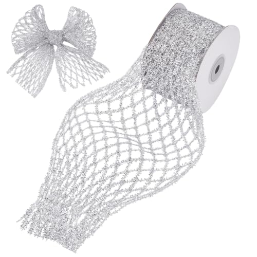 WADORN 4,5 m silbernes Glitzerband mit Draht, 6,9 cm Glitzer-Metallic-Mesh-Band für Weihnachtsbaum, silbernes dehnbares Glitzer-Metallic-Mesh-Band für Weihnachten, Party, Geschenkverpackung, von WADORN