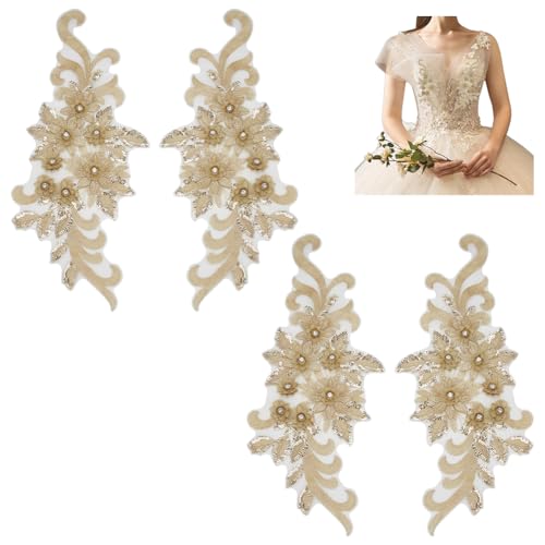 WADORN 4 Stück 3D Blumennetz Bestickte Strass-Spitzenapplikation Mit Pailletten, Goldene Blumen-Aufnäher Zum Aufnähen Für Hochzeit, Brautkleid, Party Kleid Mieder, Basteln DIY-Ausschnitt Kragen-Dekor von WADORN