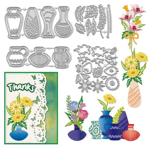 WADORN 4 x Blumen-Vasen-Stanzformen, Blumen-in Vase, Hintergrund, Metall-Stanzformen, Schablonen für Chrysanthemen, Petunie, Lilie, Karbonstahl, Prägeschablone für Scrapbooking, Papierbasteln von WADORN