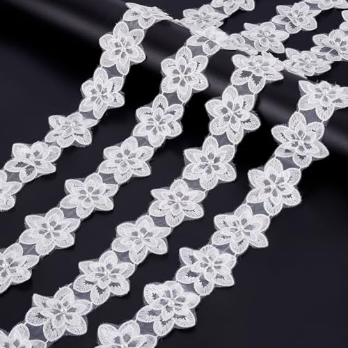 WADORN 4.5 m 3D Organza Blumenbesatz 5.5cm Breiter Spitzenrandbesatz Mit Perlen Und Blumen Stoffband Vintage Blumenapplikation Bestickter Stoff Nähhandwerk Für Hochzeitskleider Basteln Nähzubehör von WADORN