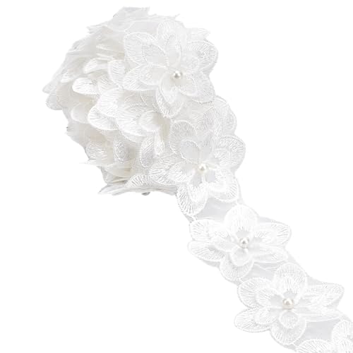 WADORN 4.5 m 3D Organza Blumenbesatz 5.5cm Breiter Spitzenrandbesatz Mit Perlen Und Blumen Stoffband Vintage Blumenapplikation Bestickter Stoff Nähhandwerk Für Hochzeitskleider Basteln Nähzubehör von WADORN