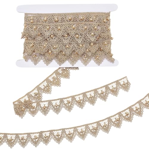 WADORN 4.57m Spitzenband Im Vintage Gold, 3.4cm Perlen Spitzenbesatz Elegantes Goldenes Bortenband Polyester Spitze Perlenbesatz Goldenes Stoffband Für Hochzeit Brautschmuck DIY Nähen Basteln von WADORN