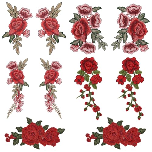 WADORN 5 Stil Retro Stickerei Pfingstrose Rose Patches, 5 Paar 3D Applikationen Mit Verschiedenen Roten Rosenblüten Bestickte Spitzen Aufnäher Mit Rosenblüten Aufnähen Für Selbstgemachte Nähkragen von WADORN