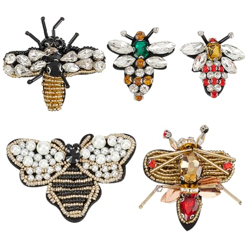 WADORN 5 Stile Strass Bienen Perlen Aufnäher, Aufnäher Mit Kristallen Bestickte Insekten Aufnäher Applikationstransfer Zum Aufnähen Sticken Für Kleidung Scrapbooking Dekorativ von WADORN