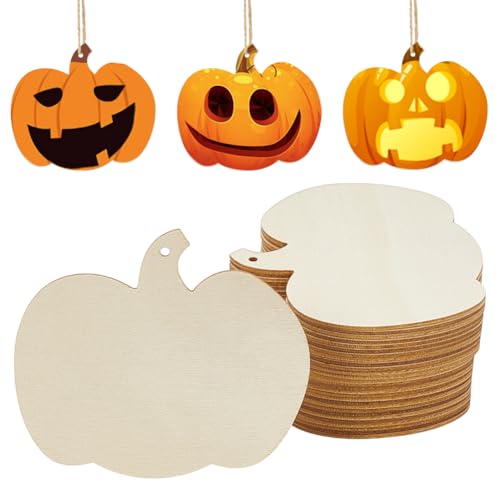 WADORN 50 Stück Kürbisse Blanke Holzscheiben. Kürbisse Aus Holzkreisen Hängende Ornamente Für Thanksgiving Halloween DIY Bastelarbeiten Unfertige Kürbis Anhänger Aus Holz Dekorationen von WADORN