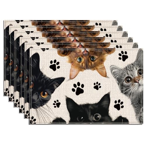 WADORN 6 Stück Katzenmotiv Tischdecken Für Küchen, 45x30cm Rechteckig Süßes Kätzchen Polyester Waschbar Tischsets Für Esstisch Dekoration Party Küche Restaurants Hotel von WADORN