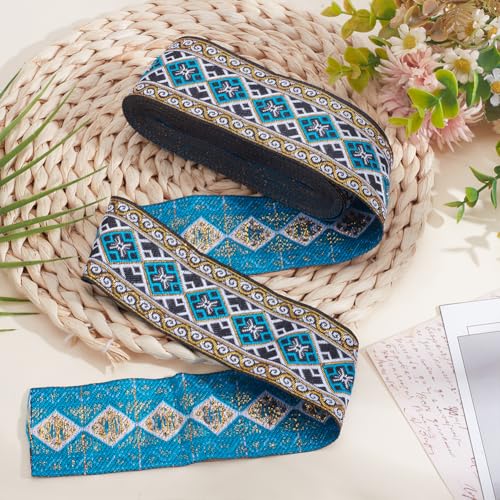 WADORN 7m Boho Ethnische Jacquard Bandbesatz, 5cm Blaues Vintage Stickereiband Rautenförmige Gewebte Borten Ethnisches Jacquard Flechtband für DIY Nähen Verzierung Gurt Kleidungs Dekoration von WADORN