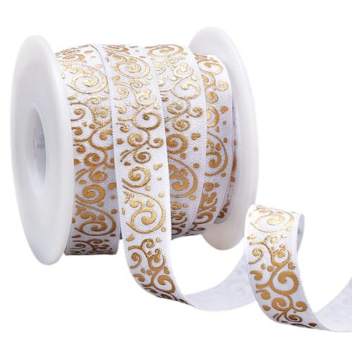 WADORN 9.14 m 15.5mm Elastisches Gewebtes Jacquardband Goldfarbener Floraler Ethnisch Bedruckter Boho Besatz Elastisches Band Florales Nylon Nähbesatz Zum Selbernähen Basteln Kleidungsdekor Weiß von WADORN