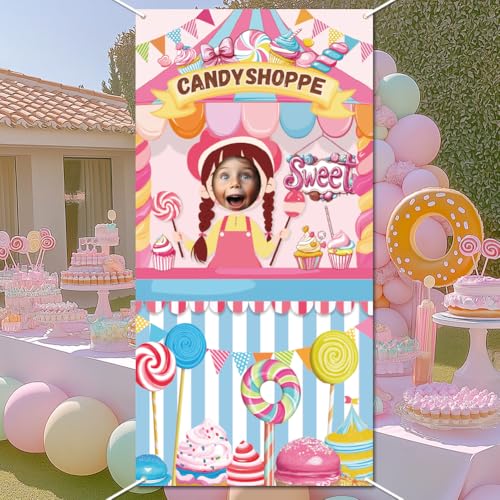 WADORN Candy Shoppe Foto Türbanner Sweet Shoppe Fotohintergrund Für Geburtstagsparty Großes Stoffbanner Zum Aufhängen Mit Seil Für Candy Shop Sweet Party 90x180cm von WADORN