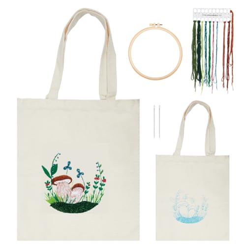 WADORN Canvas Tote Bag Embroidery Kit with Plants Pattern, DIY Canvas Bag Cross Stitch Kit Handmade Sewing Handbag Making Kits Funny Hand Needlepoint Kit Include Hoops Color Threads and Needles, White von WADORN