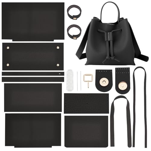 WADORN DIY Umhängetaschen-Bastelsets, Handgefertigtes Beuteltaschen-Set Mit Kordelzug Aus Kunstleder, Herstellung Aller Materialien, Handnähen, Handtaschen-Herstellungsset, 23x13x22 cm, Schwarz von WADORN