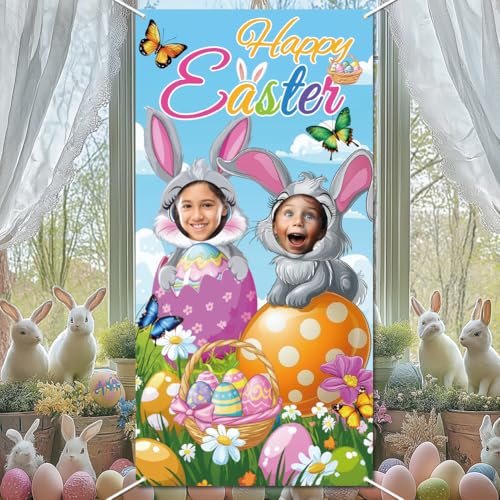 WADORN Frohe Ostern Fotorequisiten Banner, Lustiger Osterhasen Fotohintergrund Osterei Hasengesichtshintergrund Im Loch Hängendes Banner Mit Seil Für Osterparty Ostern Aktivitäten, 90x180cm von WADORN