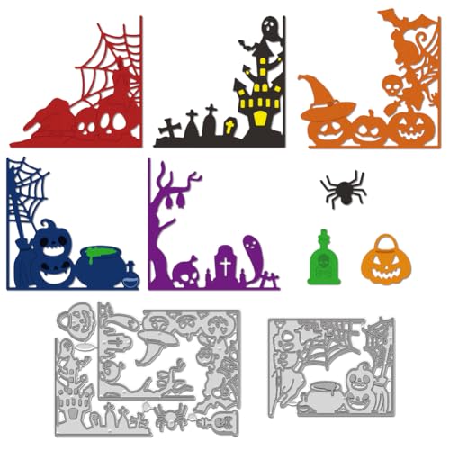 WADORN Halloween Geisterhaus Stanzformen Für Karten, Halloween Rahmen Hintergrund Metall Stanzschablonen Kürbis Spinne Geist Prägeschablonen Vorlage Für DIY Scrapbooking Partykarten von WADORN