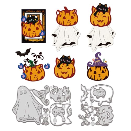 WADORN Halloween Kürbis Und Katzen Motiv Stanzformen, Halloween Motiv Metall Stanzschablonen Halloween Fledermäuse Geister Stanzschablonen Aus Karbonstahl Prägevorlage Für Scrapbooking Partykarten von WADORN