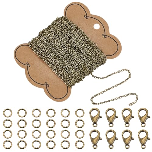 WADORN Halskette aus Metall, Antik-Bronze, Panzerkette, Gliederkette, 2 x 3 mm Glieder, 20 Karabinerverschlüsse, 100 Stück Biegeringe, Kreuzketten-Set für Armband, Halskette, Schmuckherstellung, 100 von WADORN