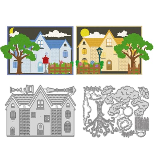 WADORN Manor House Stanzformen Aus Metall, Hausbau Landschaft Stanzschablonen Blumenbüschen Und Bäumen Prägeschablone Aus Karbonstahl Schneidevorlage Für DIY Scrapbooking Karten von WADORN