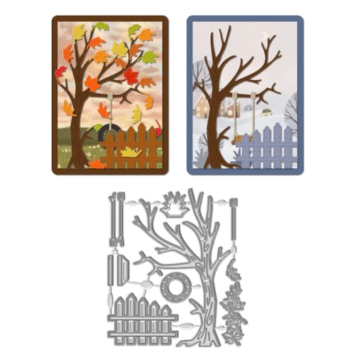 WADORN Metall Stanzformen Mit Herbstbaum, Motiv Rahmen Herbstwald Stanzschablone Schaukel Und Baum Karbonstahl Metall Prägeschablonen Vorlage Für DIY Scrapbooking Kartenherstellung von WADORN