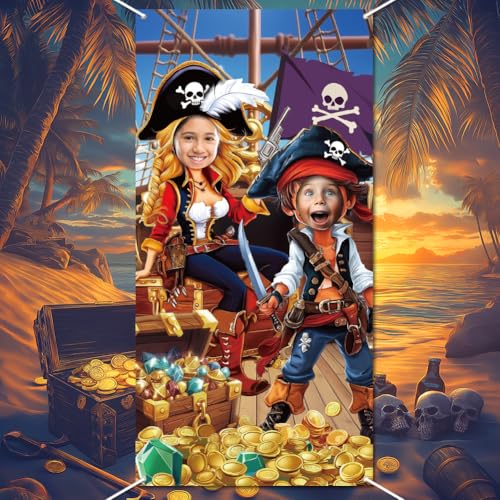 WADORN Piratenparty Foto Türbanner Lustiger Piraten Fotohintergrund Für Geburtstagsfeiern Großes Stoffbanner Zum Aufhängen Mit Piratengesicht Und Seil Für Piratenparty Karnevalsspiel 90x180cm von WADORN