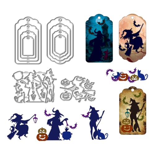 WADORN Stanzformen Aus Karbonstahl Mit Halloween Hexe, Halloween Kürbis Besen Metall Stanzschablonen Für DIY Scrapbooking Album Prägung Grußkarte Dekorative von WADORN