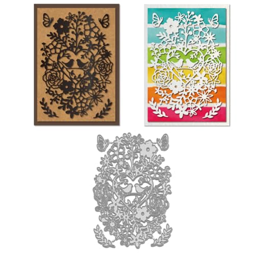 WADORN Stanzformen Mit Ranken Blättern Und Blumenrahmen Zur Kartengestaltung Metall Stanzschablonen Mit Herz Und Blumen Hintergrund Vogel Schmetterling Scrapbooking Dekorative Prägeschablone Für DIY von WADORN