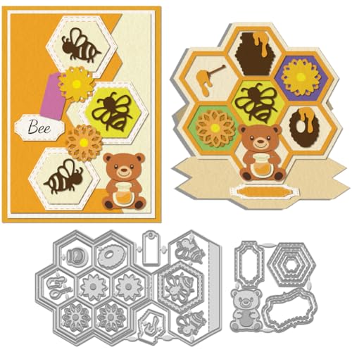 WADORN Stanzschablonen für Bienenrahmen, Bienen-Honig, Metall, Stanzformen für Bastelarbeiten, Scrapbooking, Waben-Bär-Themen-Album, dekorative Prägepapier-Stanzformen für Kartenherstellung, 2 Stück von WADORN