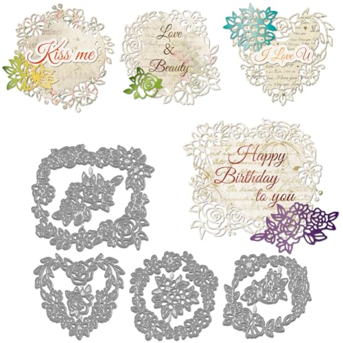 WADORN Stanzschablonen für Blumenrahmen, Kartenform, Blumenspitzenrahmen, Schablonen-Set für Scrapbooking, Blumen, Hintergrund, Metall, Stanzformen für Grußkarten, 4 Stück von WADORN