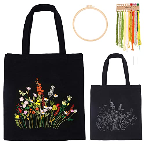 WADORN Stickerei Kit für Leinentaschen, Schwarze Leinentaschen Blumen Kreuzstich Set mit Muster und Anleitung Tasche lustiges Hand Nadelspitzen Set Inklusive Hoops Farbfäden und Nadeln von WADORN