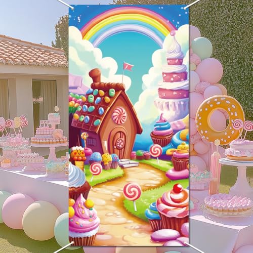 WADORN Süßes Candyland Geburtstagsdekorationsbanner Lutscher Bonbon Regenbogen Hintergrund Fotografie Hintergrund Cartoon Eiscreme Dessert Lutscher Hängendes Banner Für Geburtstagsparty 90x180cm von WADORN