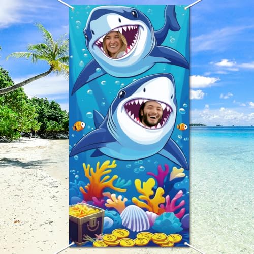 WADORN Türbanner „Hai Party“ Hintergrund Mit Meereswelt Großer Stoff Motiv: Unterwasser Gesicht In Einem Loch Zum Aufhängen Fotoautomaten Requisiten Für Hai Geburtstagsparty 90x180cm von WADORN