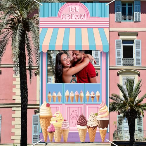 WADORN Türbanner Mit Foto Im Hintergrund „Ice Cream Shoppe“ Eiscreme Thema Großer Stoff Fototür Hintergrund Requisiten Dekor Eiscreme Gesicht In Loch Foto Hintergrund Party Zubehör 90x180cm von WADORN