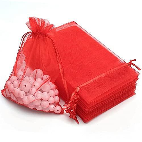 WADY 100 Stück Geschenktüten für Süßigkeiten, Schmuck Beutel, Organzabeutel in 10 Farben, Organza-Beutel für Gastgeschenke für Hochzeiten, Konfekte, Schmuck (7 x 9 cm) (rot) von WADY