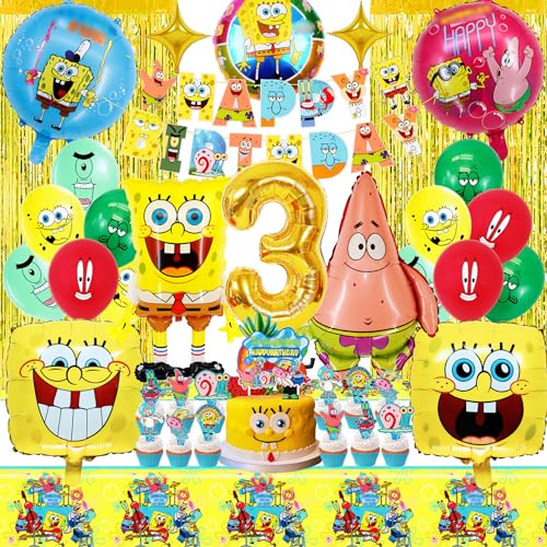 Spongebo Geburtstag Deko 3 Jahre, WAHYGG 39 Stück Spongebo Party Deko, Spongeb Abenteuer Geburtstags, Kinderparty Dekorationen mit Spongeb luftballon, Banner, Tortendeko, Party Vorhang von WAHYGG