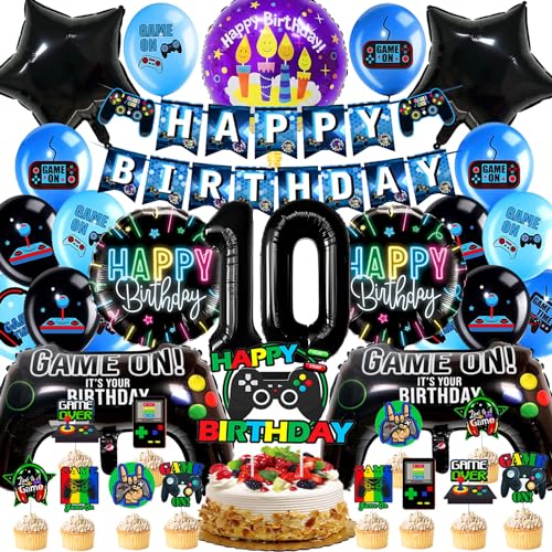 Videospiel Geburtstagsdeko 10 Jahre, Gamer Geburtstagsdeko, Gamer Deko Kindergeburtstag, Gamecontroller Luftballons Party Deko, Videospiel Party Set, Einschließlich Banner, Cake Topper(Schwarz & Blau) von WAHYGG