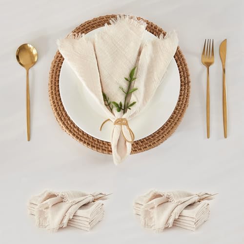 WAITER TREE Stoffservietten weiche Reine Baumwolle mit Fransen atmungsaktiv quadratisch rustikal handgefertigte Servietten für Abendessen Partys Hochzeiten 49 cm * 49 cm Beige von WAITER TREE