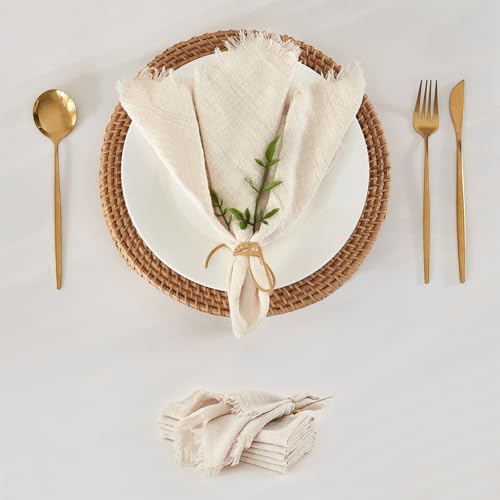 WAITER TREE Stoffservietten weiche Reine Baumwolle mit Fransen atmungsaktiv quadratisch rustikal handgefertigte Servietten für Abendessen Partys Hochzeiten 49 cm * 49 cm Beige von WAITER TREE