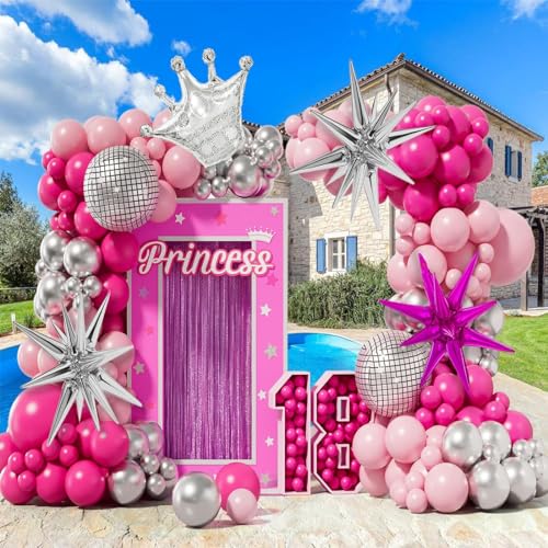 145Pcs Rosa Silber Ballon Bogen Kit mit Rosa Silber Disco Ball Stern Krone Ballons für Barbie Prinzessin Thema Party Geburtstagsmädchen Baby Dusche Jubiläum Hochzeit Dekorationen von WAKSOX