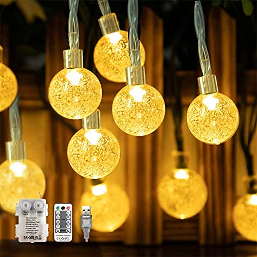 WALCHO Lichterkette Kugeln Batterie & USB betrieben, 9M 60 LED Lichterkette 8 Modi, LED Kristallkugeln Wasserdicht IP65 für Balkon, Garten, Bäume, Terrasse, Hochzeit, Warmweiß [Energieklasse A+++] von WALCHO