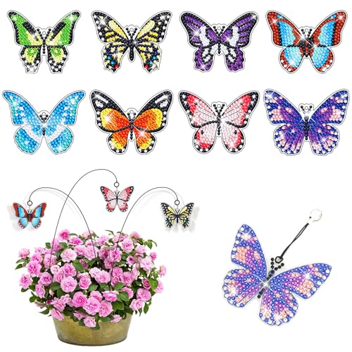 WALLFID 8 StüCk Diamond Painting Schmetterling Sets,Blumentopf-Dekorativer Schmetterlingsstecker Mit KristallanhäNger,Kann Als Diamant Lesezeichen Verwendet Werden,Geschenk FüR Bastelliebhaber von WALLFID