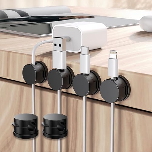 WALLFID Drehbare Basis-Magnetkabelhalterklammern, Magnetverschluss-Funktions Kabelhalter, Selbstklebende Schreibtisch-Kabelverwaltung für USB-Ladekabel, Stromkabel, Wand, PC, Büro (Schwarz 6 Pack) von WALLFID