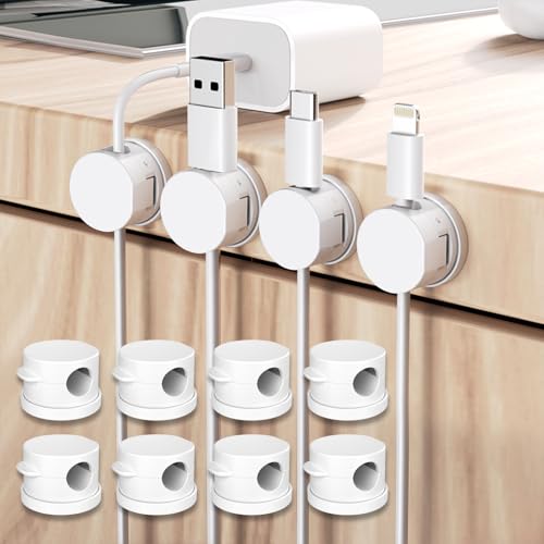 WALLFID Drehbare Basis-Magnetkabelhalterklammern, Magnetverschluss-Funktions Kabelhalter, Selbstklebende Schreibtisch-Kabelverwaltung für USB-Ladekabel, Stromkabel, Wand, PC, Büro (Weiß 12 Pack) von WALLFID