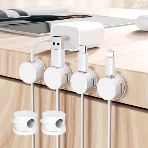 WALLFID Drehbare Basis-Magnetkabelhalterklammern, Magnetverschluss-Funktions Kabelhalter, Selbstklebende Schreibtisch-Kabelverwaltung für USB-Ladekabel, Stromkabel, Wand, PC, Büro (Weiß 6 Pack) von WALLFID