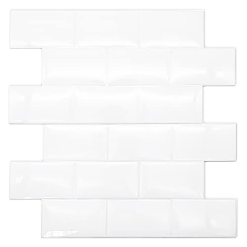 WALPLUS 20Pcs 3D Fliesenaufkleber 30.5x15.4cm Mosaikfliesen selbstklebend Glänzende Klebefliesen Küche Wasserfeste Fliesenaufkleber Bad Epoxidharz Finish Klebefliesen Reines Weiß für Bad und Küche von WALPLUS