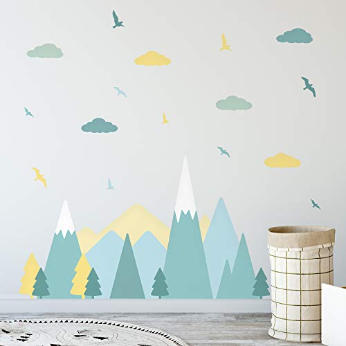 WALPLUS 24 Stück 60x90cm Bunte Berglandschaft Grüner skandinavischer Stil Wandaufkleber Wandtattoo Kinderzimmer Dekorationsaufkleber Schlafzimmer Wohnzimmer Mädchen von WALPLUS