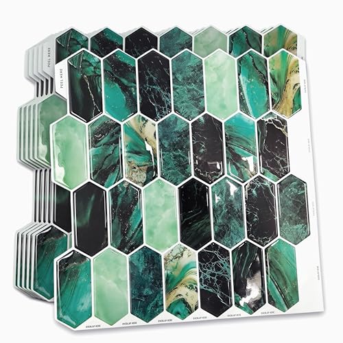 WALPLUS 6 Pcs 3D Fliesenaufkleber 30.5x30.5cm Mosaikfliesen Selbstklebend Glänzende Klebefliesen Küche Wasserfeste Fliesenaufkleber Bad Epoxidharz Finish Klebefliesen Grün Metro für Bad und Küche von WALPLUS