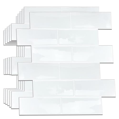 WALPLUS 6Pcs 3D Fliesenaufkleber 30.5x30.5cm Mosaikfliesen selbstklebend Glänzende Klebefliesen Küche Wasserfeste Fliesenaufkleber Bad Epoxidharz Finish Klebefliesen Brillantweiße für Bad und Küche von WALPLUS