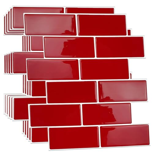 WALPLUS 6Pcs 3D Fliesenaufkleber 30.5x30.5cm Mosaikfliesen selbstklebend Glänzende Klebefliesen Küche Wasserfeste Fliesenaufkleber Bad Epoxidharz Finish Klebefliesen Kirsche Rot für Bad und Küche von WALPLUS