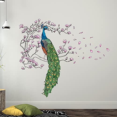 Wallflexi Wand Sticker Pfau und Magnolie Baum Wandkunst Wandmalerei Entfernbarer Selbstklebend Aufkleber Büro Wohndeko, Mehrfarbig von WALPLUS